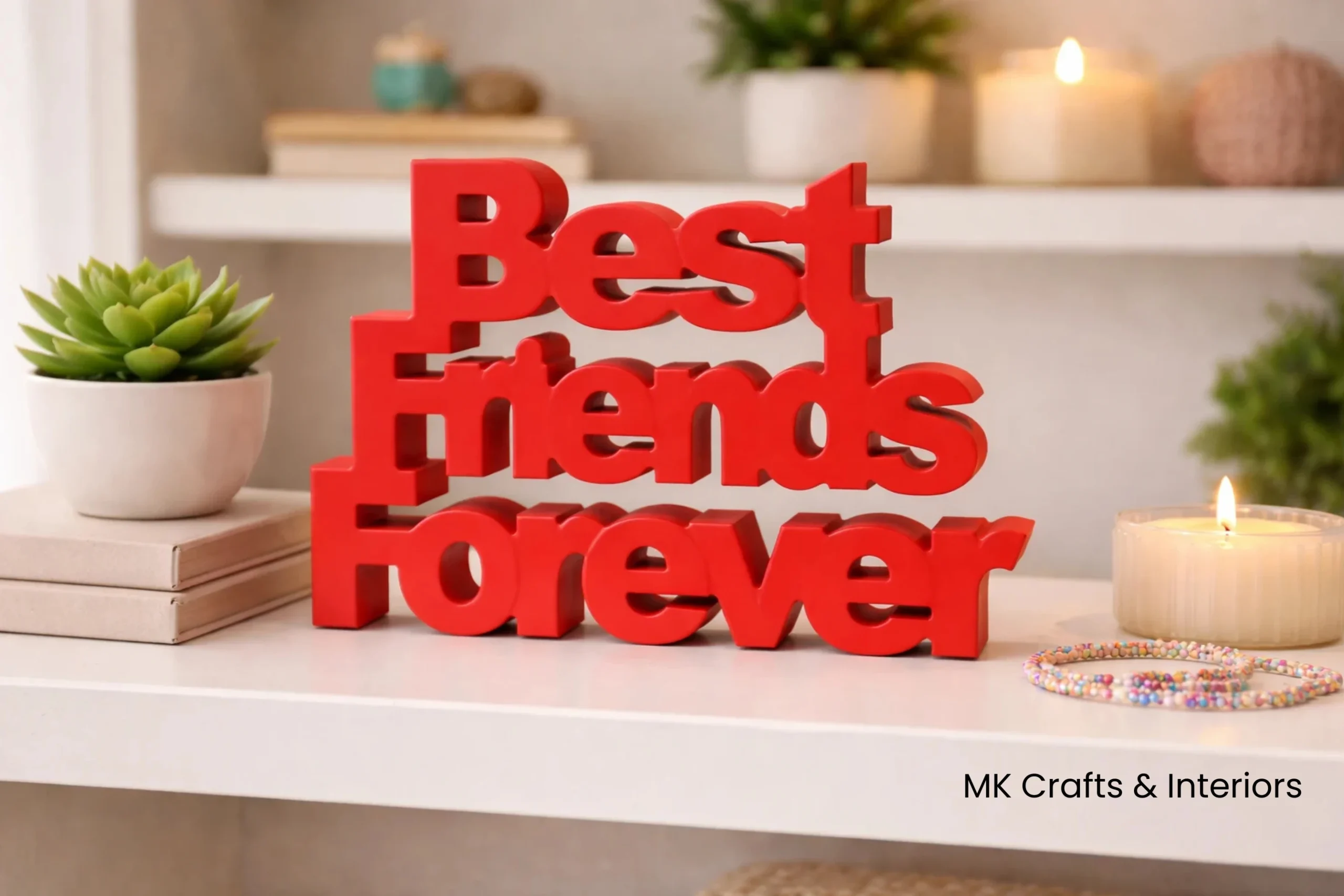 Red wooden “Best Friends Forever” decorative showpiece by MK Crafts placed on a shelf with plants and candles – handcrafted friendship gift décor.