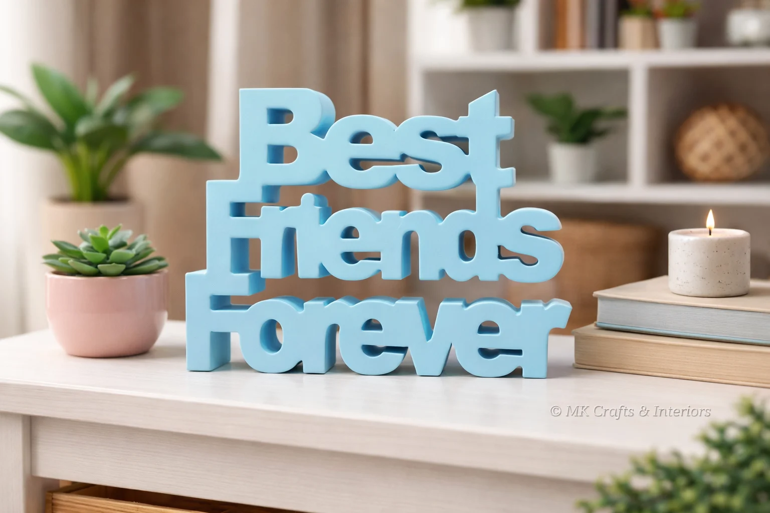 Light Blue wooden “Best Friends Forever” decorative showpiece by MK Crafts placed on a shelf with plants and candles – handcrafted friendship gift décor.