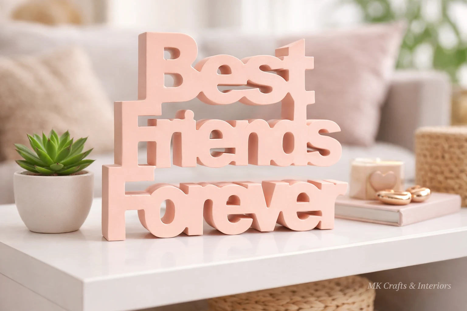 Light Pink wooden “Best Friends Forever” decorative showpiece by MK Crafts placed on a shelf with plants and candles – handcrafted friendship gift décor.