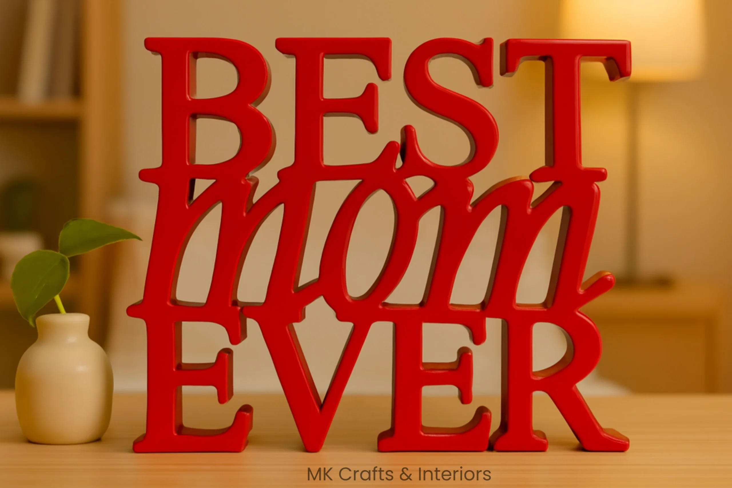 Red wooden “Best Mom Ever” decorative showpiece by MK Crafts displayed on a table with plant décor – handcrafted mother gift item.