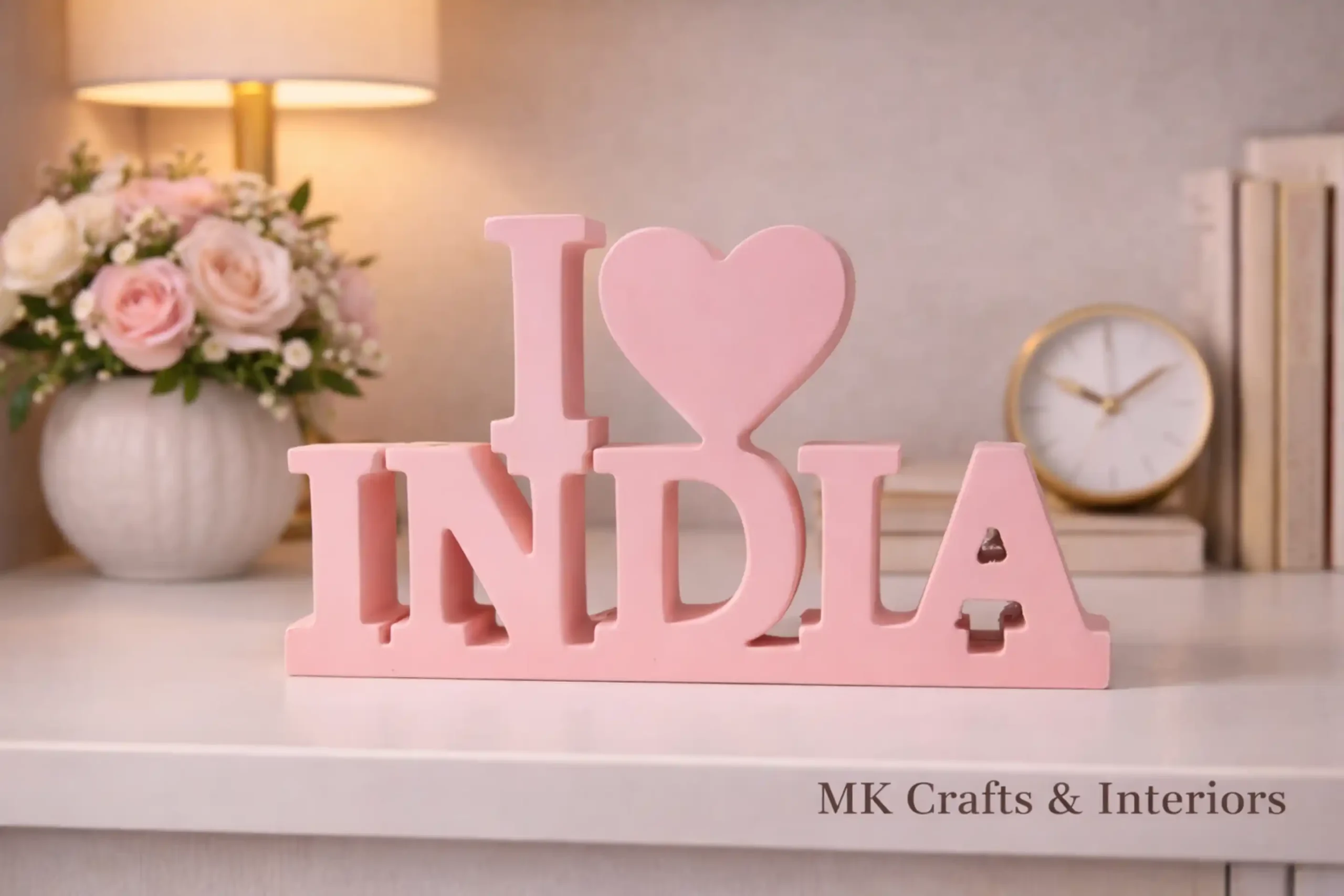 Light pink “I Love Bharat” wooden decorative tabletop showpiece by MK Crafts & Interiors Hyderabad – patriotic gift décor.