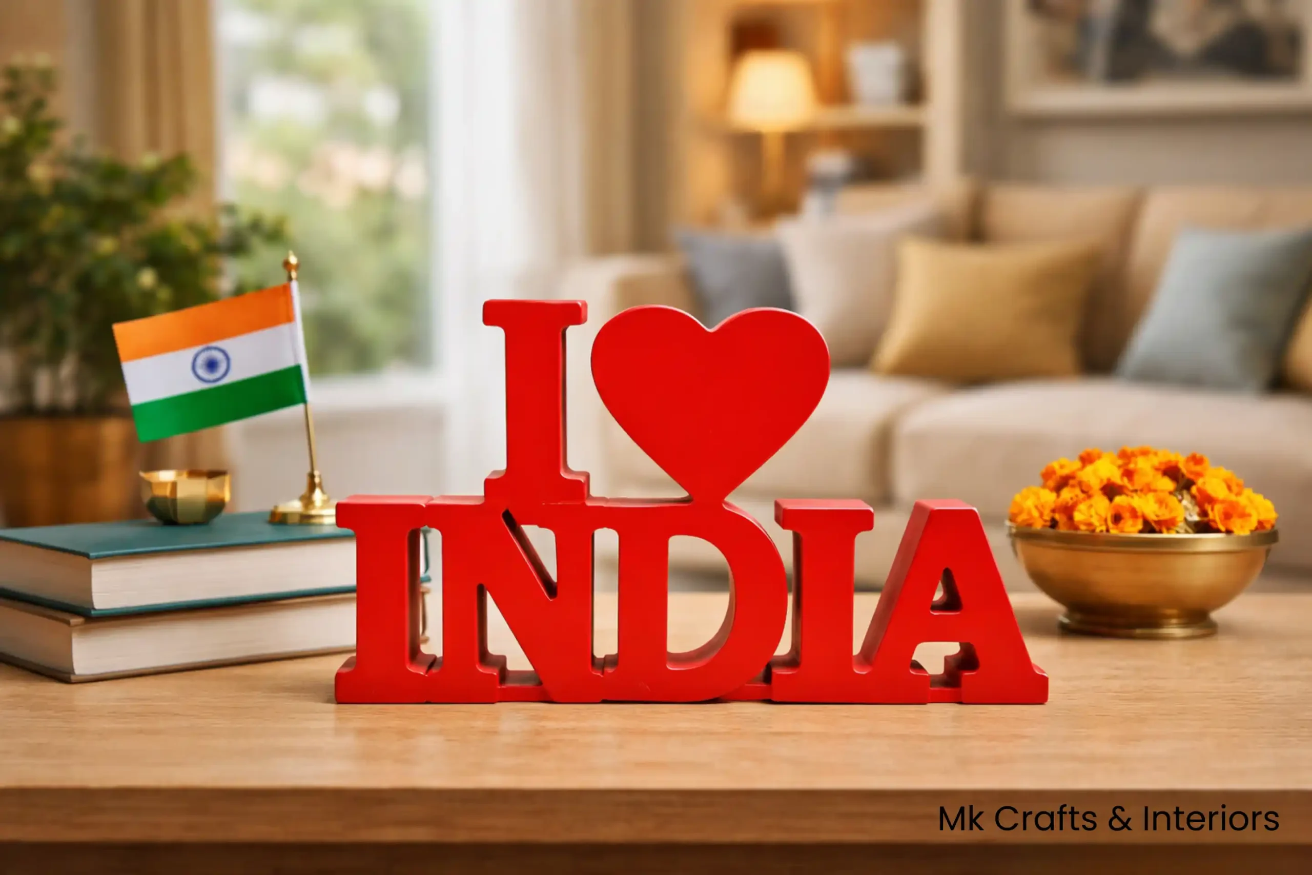 Red “I Love Bharat” wooden showpiece by MK Crafts & Interiors Hyderabad placed on table – bold patriotic home décor gift.