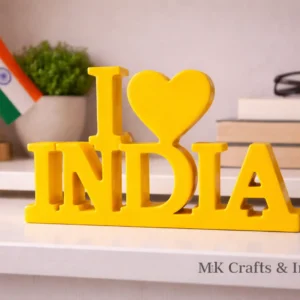 Yellow “I Love Bharat” wooden decorative showpiece by MK Crafts & Interiors in Hyderabad – handcrafted patriotic décor piece.
