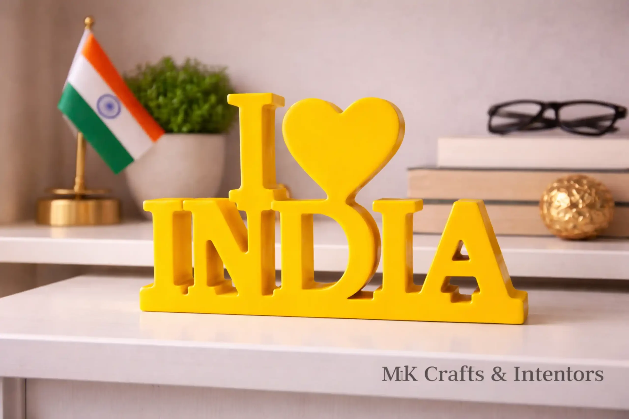 Yellow “I Love Bharat” wooden decorative showpiece by MK Crafts & Interiors in Hyderabad – handcrafted patriotic décor piece.