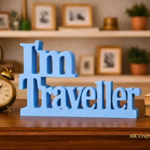 Light blue “I’m Traveller” wooden decorative showpiece by MK Crafts & Interiors in Hyderabad placed on shelf – travel themed home décor gift.