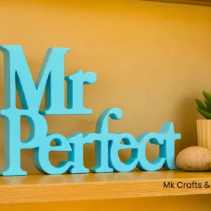 Light blue “Mr Perfect” wooden decorative showpiece by MK Crafts & Interiors in Hyderabad placed on shelf – stylish home décor gift.