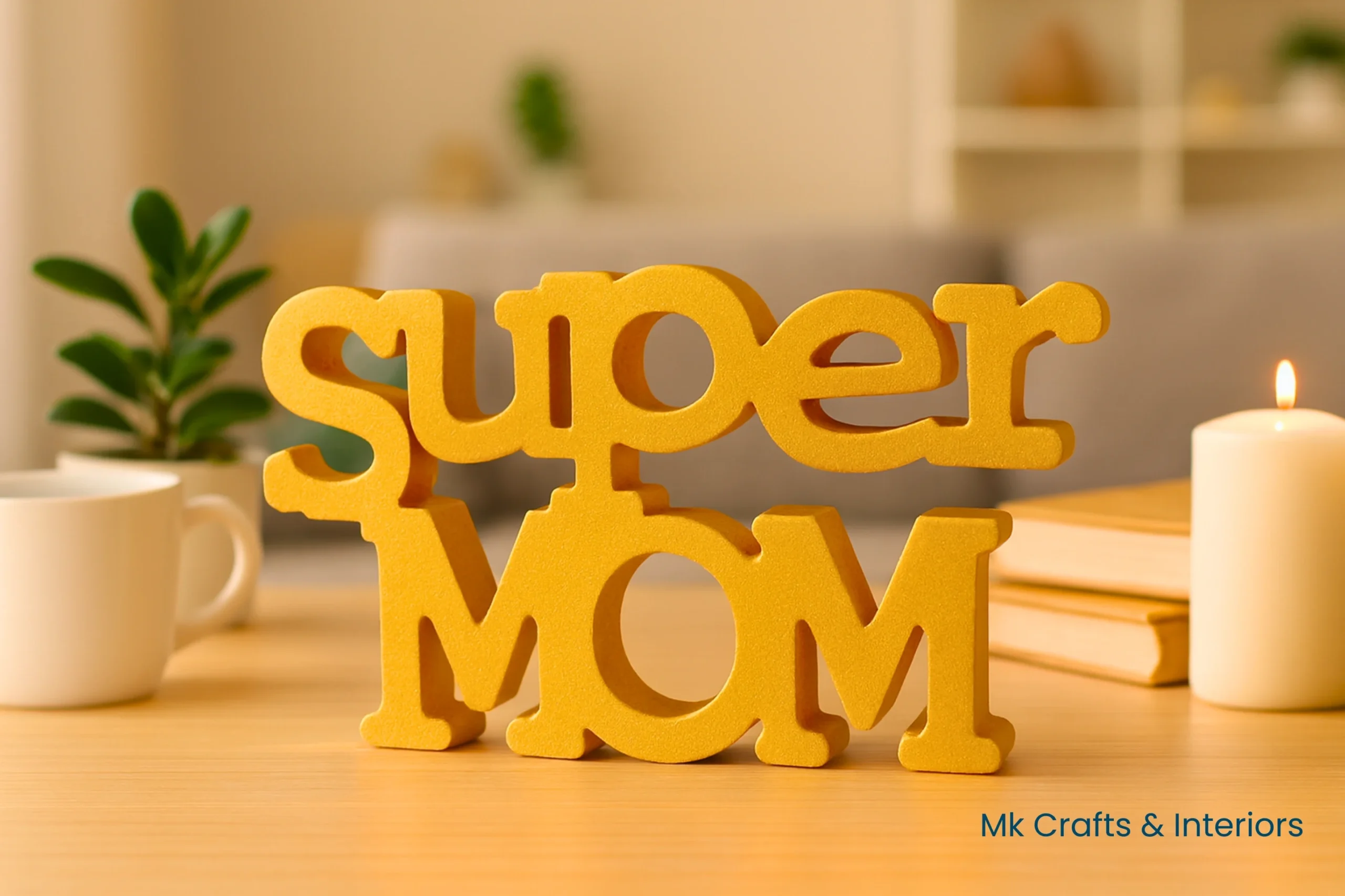 Gold Super Mom wooden decorative showpiece by MK Crafts & Interiors Hyderabad – premium luxury Mother’s Day gift décor.