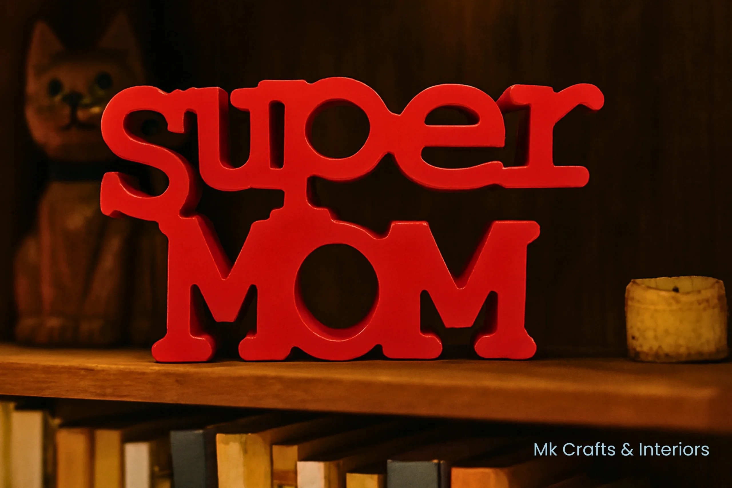 Red Super Mom wooden decorative showpiece by MK Crafts & Interiors Hyderabad – bold Mother’s Day gift home décor.