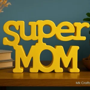 Yellow Super Mom wooden decorative tabletop showpiece by MK Crafts & Interiors Hyderabad – cheerful mom gift décor.
