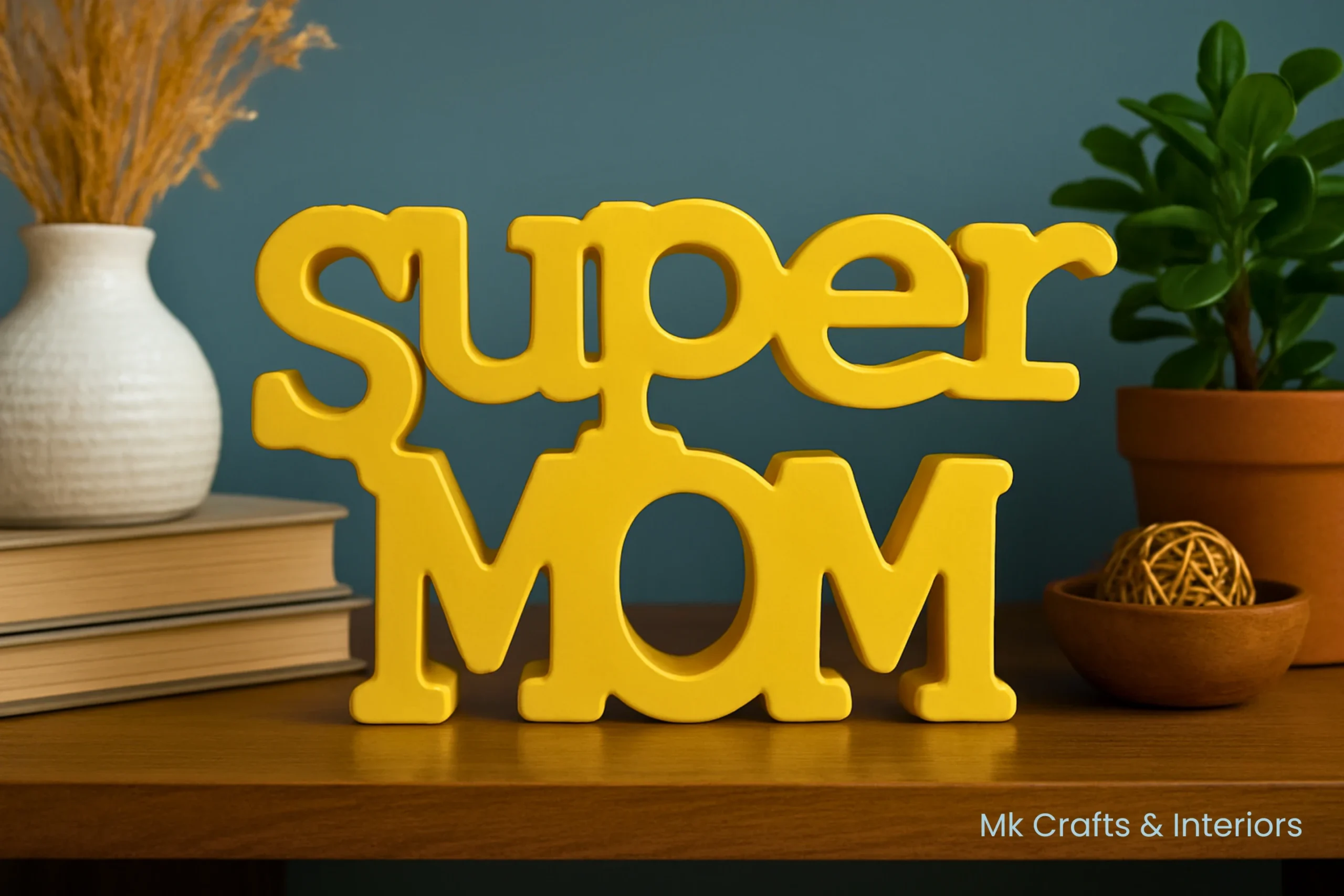 Yellow Super Mom wooden decorative tabletop showpiece by MK Crafts & Interiors Hyderabad – cheerful mom gift décor.