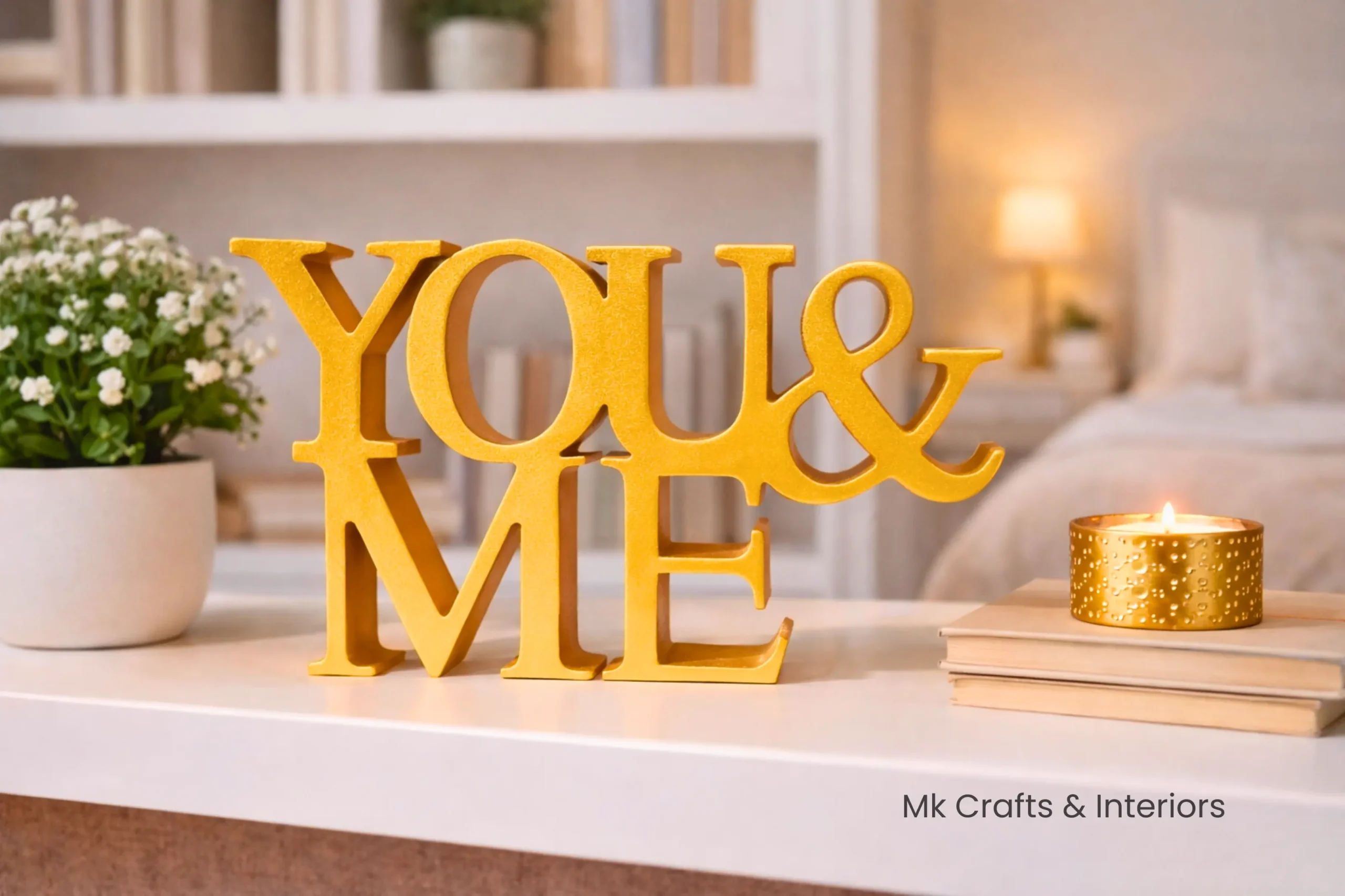 Gold You & Me wooden decorative showpiece for luxury home décor by MK Crafts & Interiors Hyderabad.