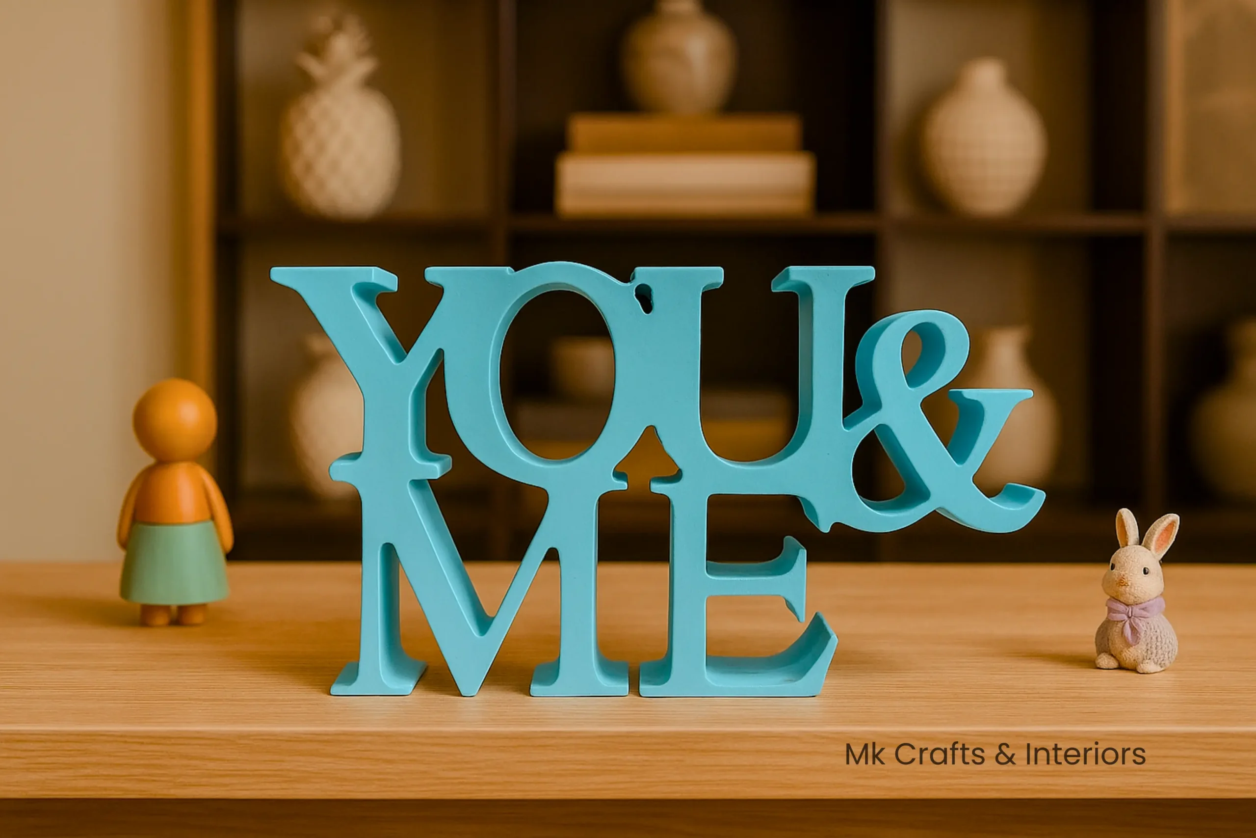 Light Blue You & Me wooden couple decorative showpiece for home décor by MK Crafts & Interiors Hyderabad.