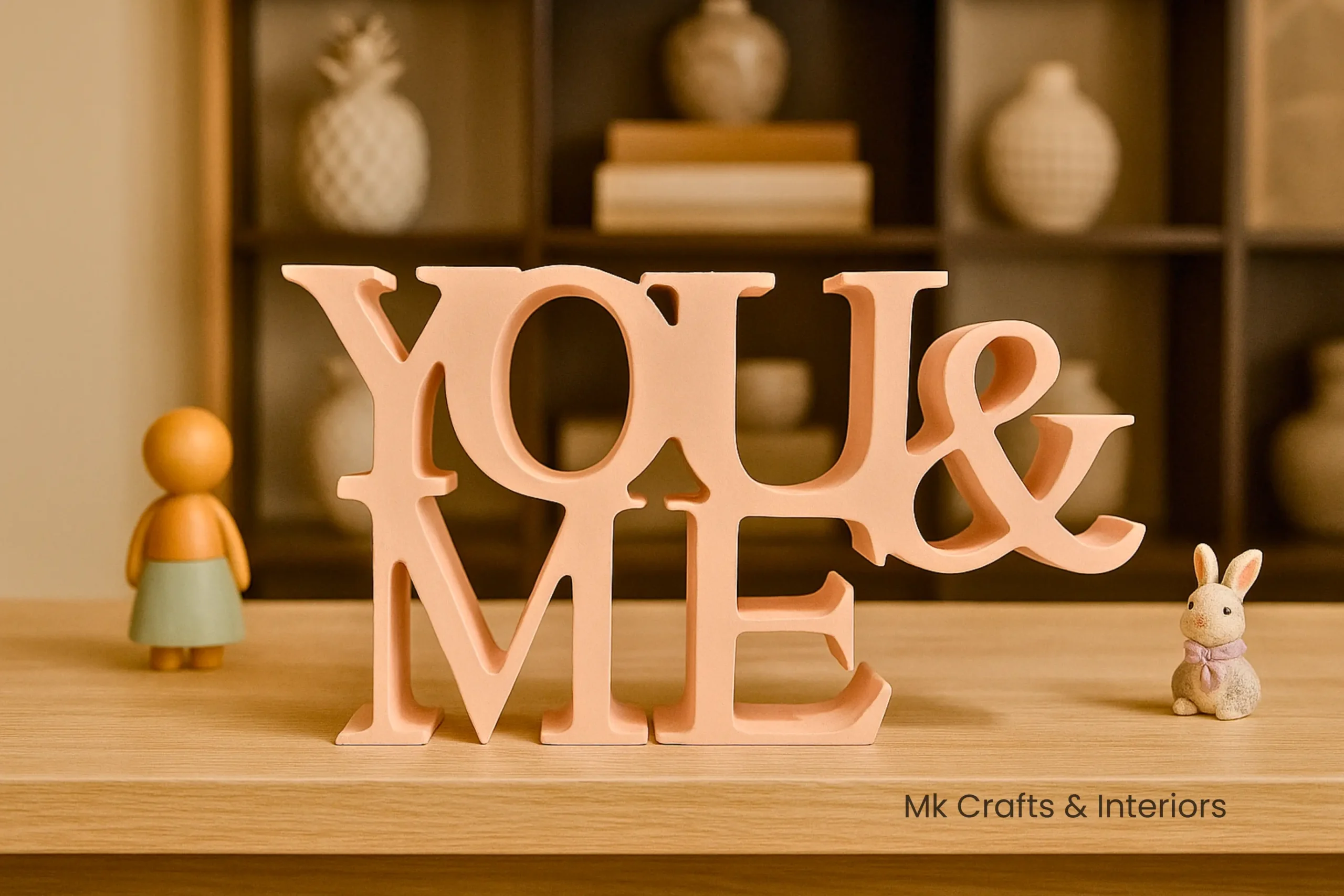 Light Peach You & Me wooden decorative showpiece for bedroom décor by MK Crafts & Interiors Hyderabad.