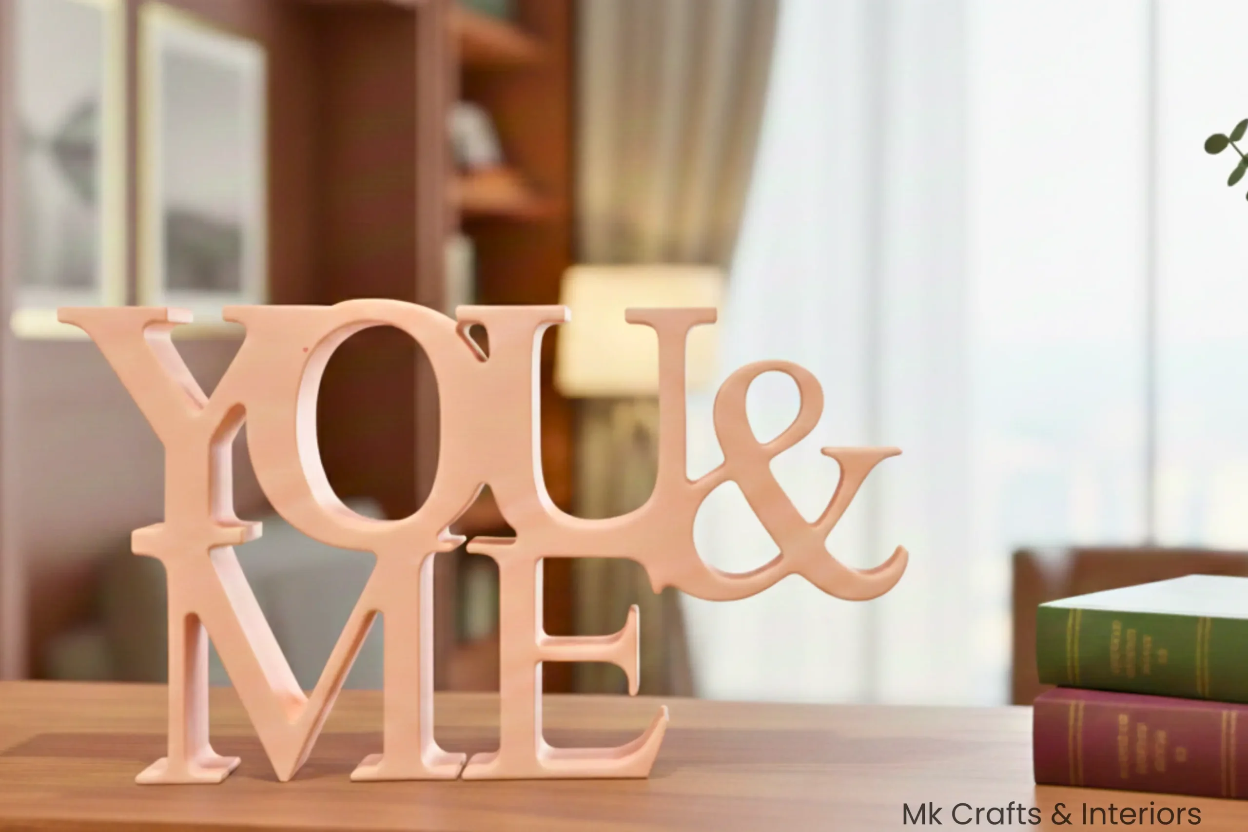 Light Pink You & Me wooden romantic decorative showpiece by MK Crafts & Interiors Hyderabad.