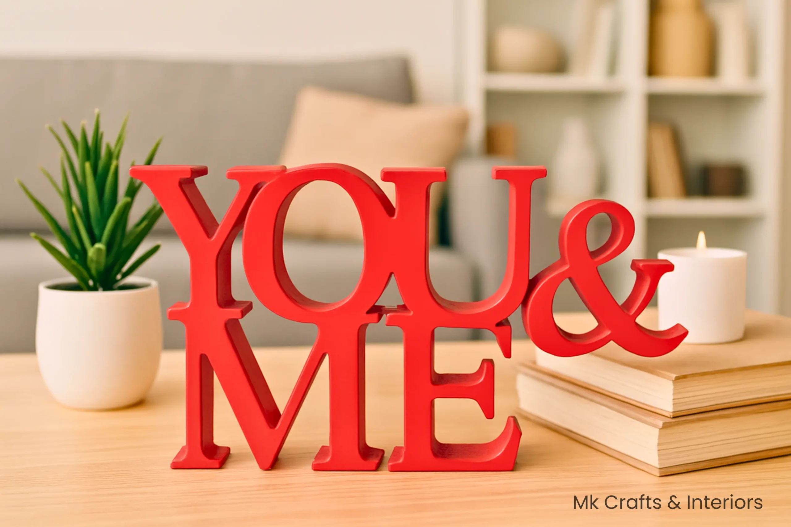 Red You & Me wooden couple decorative showpiece for home décor by MK Crafts & Interiors Hyderabad.