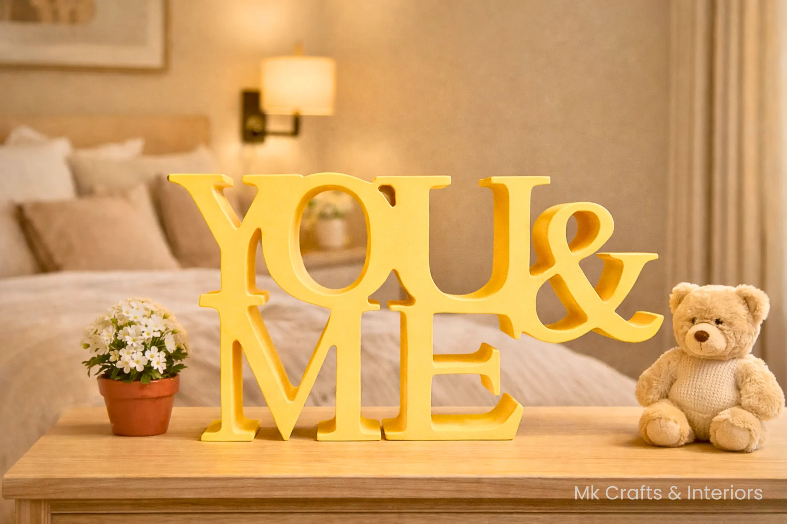Yellow You & Me wooden decorative showpiece for bedroom and couple home décor by MK Crafts & Interiors Hyderabad.