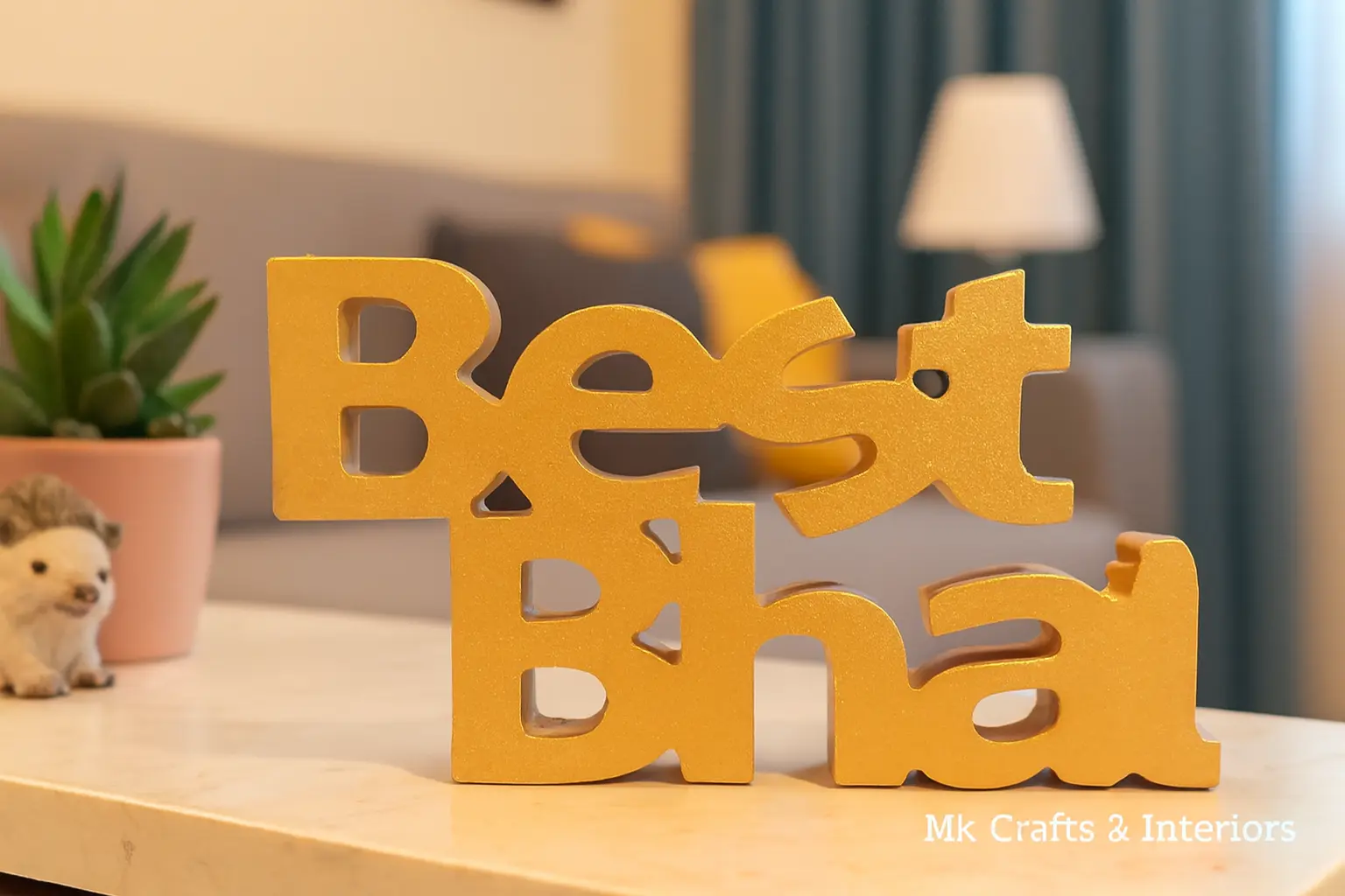 Yellow wooden decorative “Best Bhai” gift showpiece by MK Crafts placed on a table – premium handcrafted brother gift available in six colors.