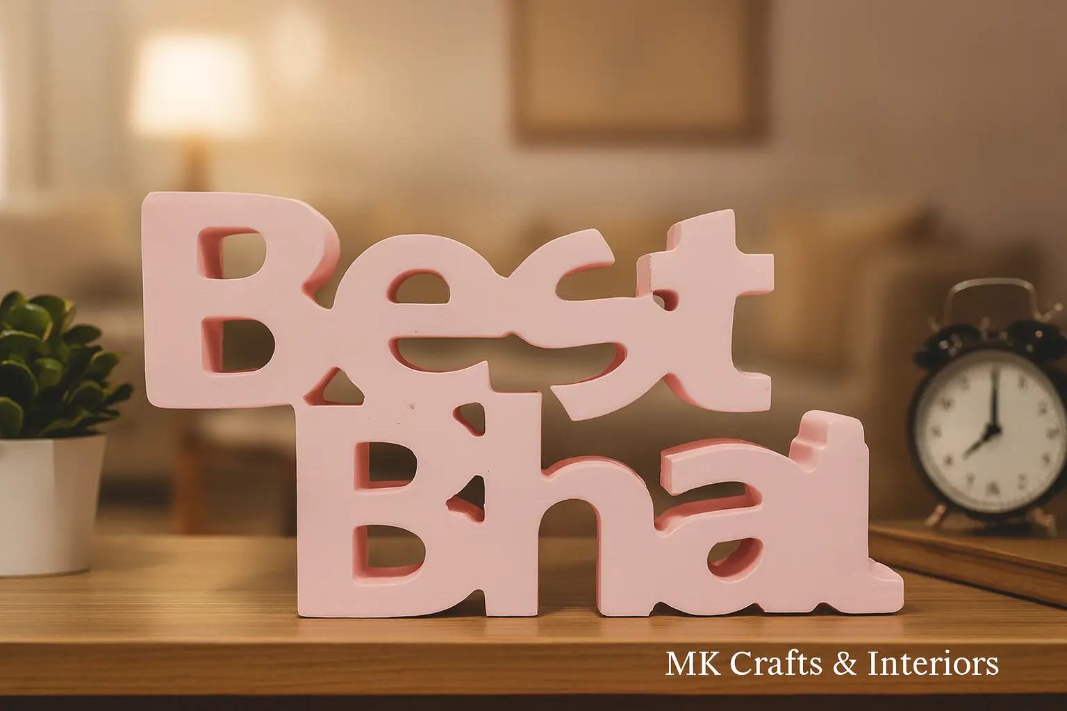 Light Peach wooden decorative “Best Bhai” gift showpiece by MK Crafts placed on a table – premium handcrafted brother gift available in six colors.