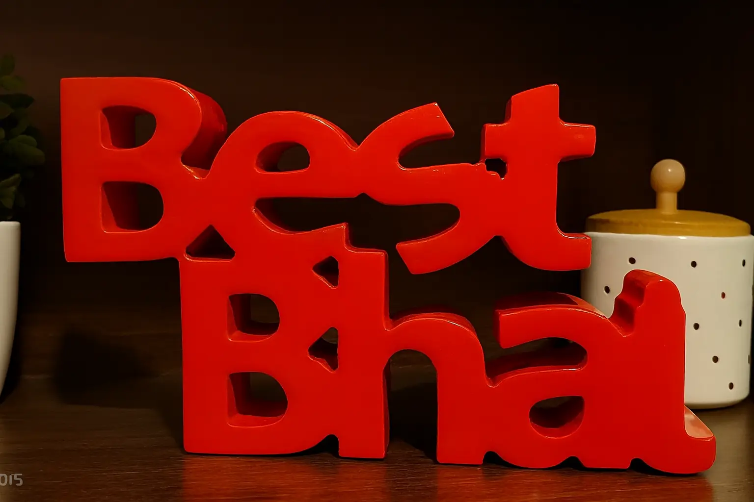 Red wooden decorative “Best Bhai” gift showpiece by MK Crafts placed on a table – premium handcrafted brother gift available in six colors.