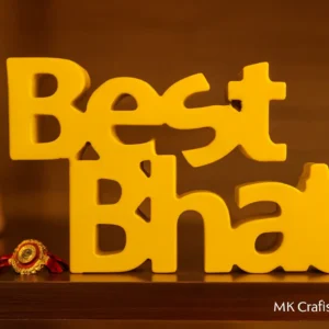 Gold wooden decorative “Best Bhai” gift showpiece by MK Crafts placed on a table – premium handcrafted brother gift available in six colors.