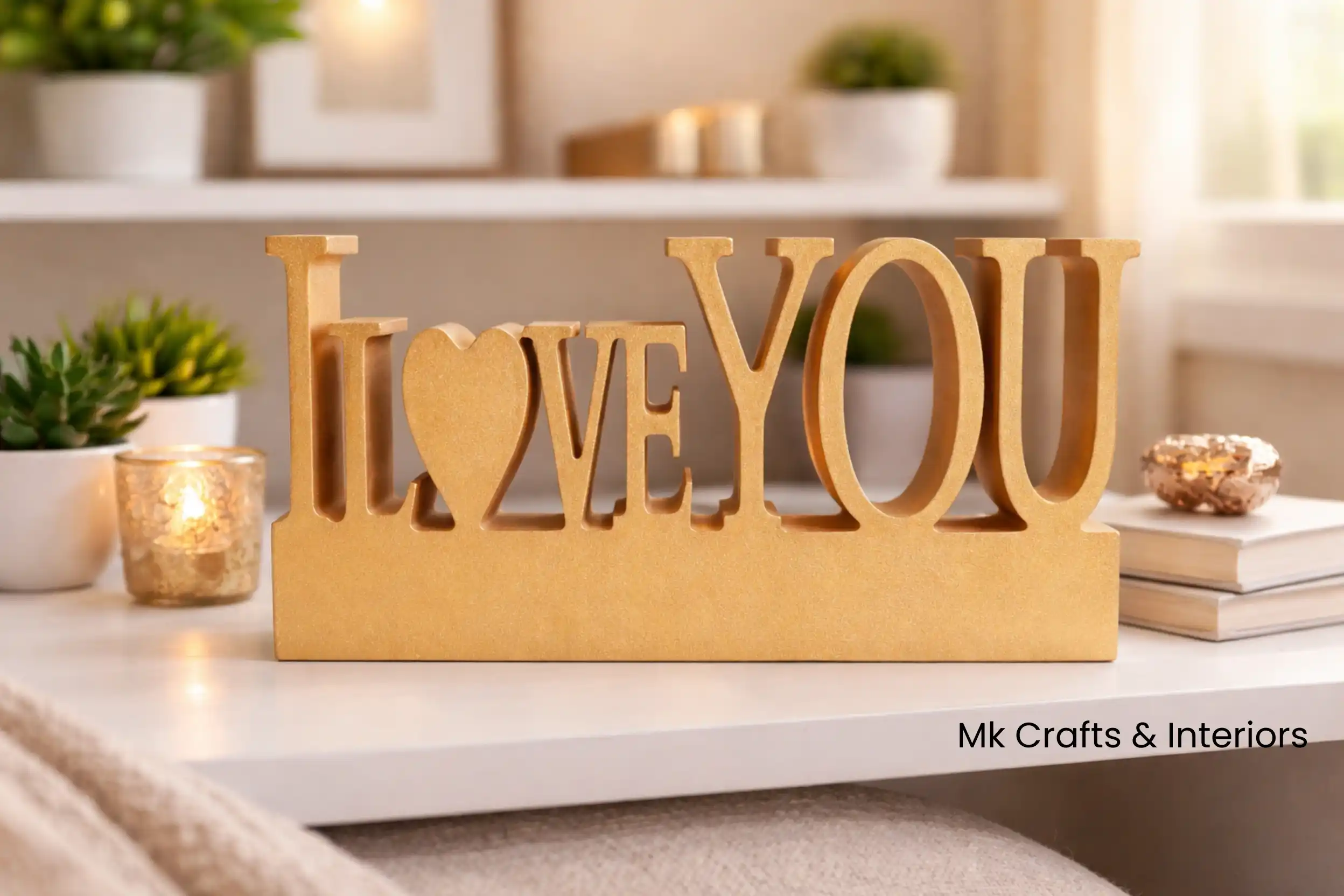 Gold “I Love You” wooden decorative showpiece by MK Crafts & Interiors Hyderabad – premium romantic décor gift item.
