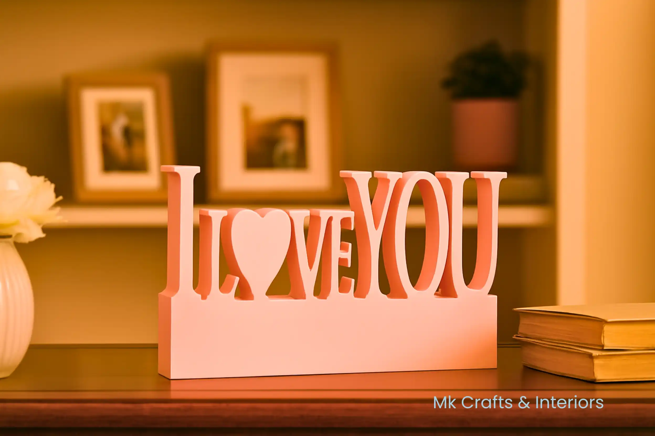 Light pink “I Love You” wooden decorative showpiece by MK Crafts & Interiors Hyderabad displayed on table.