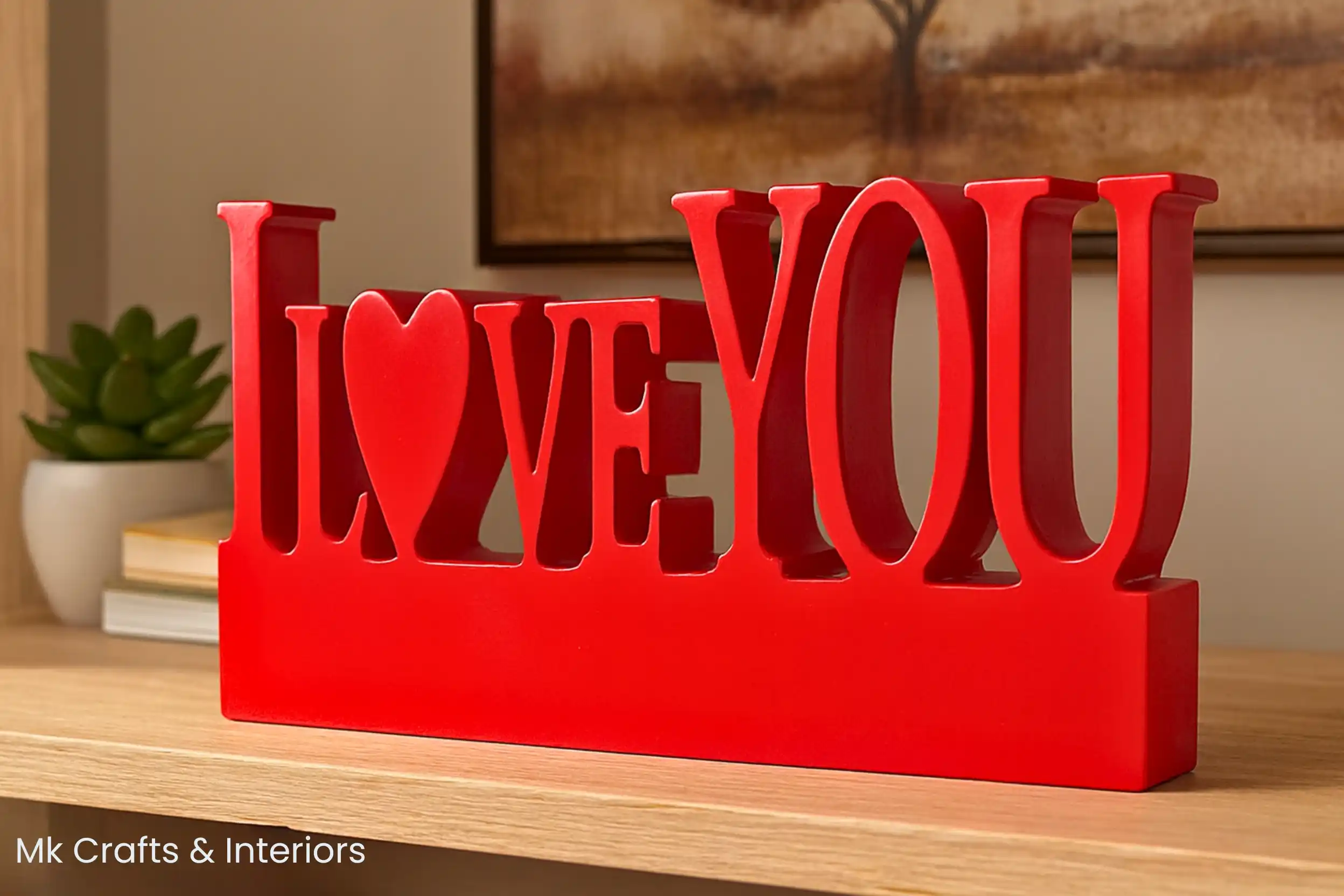 Red “I Love You” wooden decorative showpiece by MK Crafts & Interiors Hyderabad placed on tabletop – bold romantic décor gift.