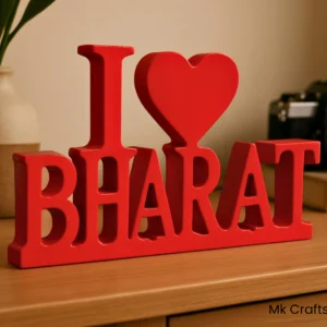 Red “I Love Bharat” wooden decorative showpiece by MK Crafts & Interiors Hyderabad – bold patriotic gift décor.