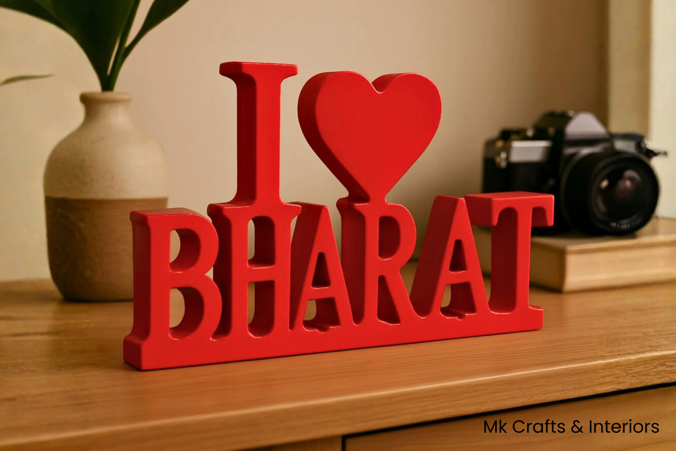 Red “I Love Bharat” wooden decorative showpiece by MK Crafts & Interiors Hyderabad – bold patriotic gift décor.