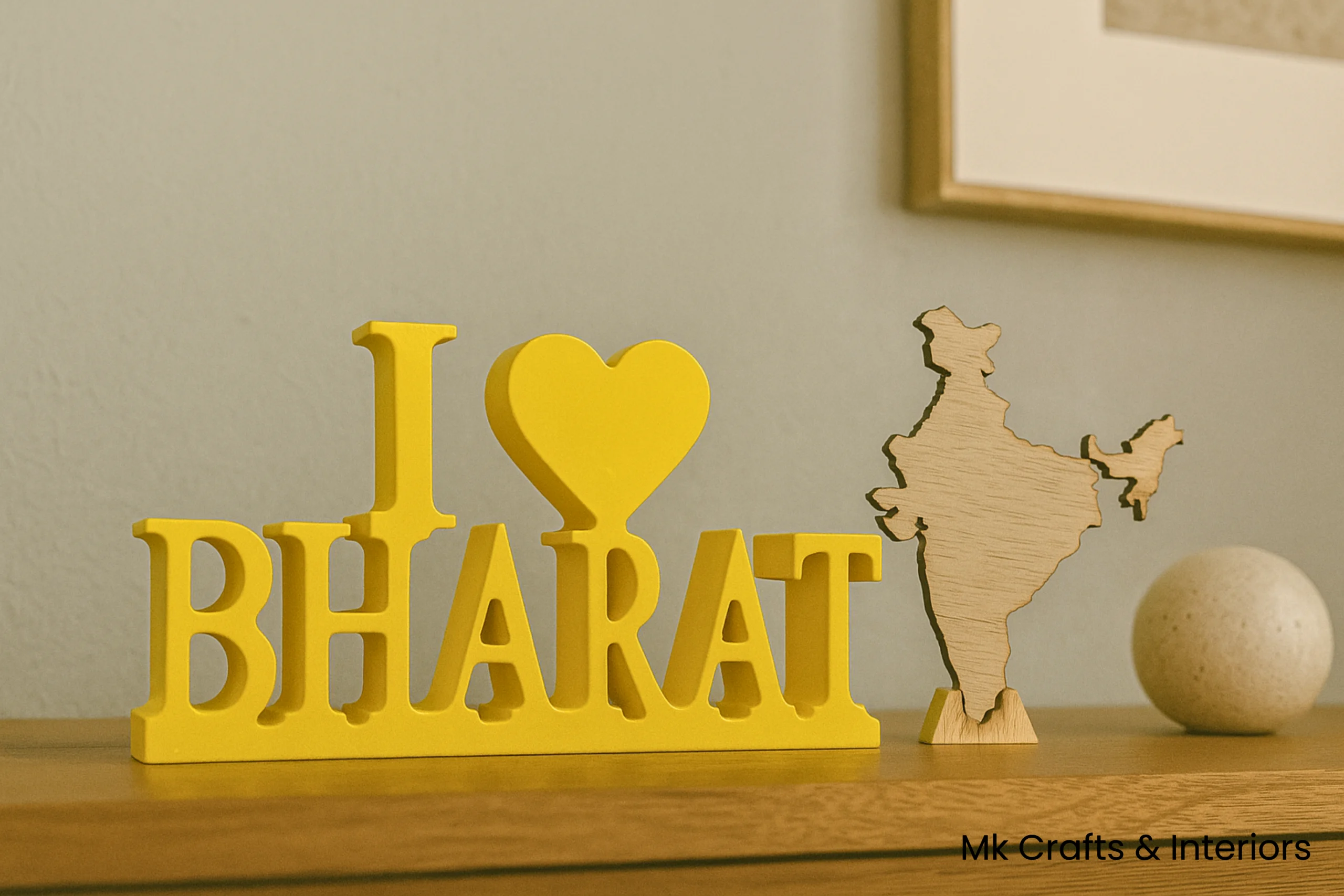 Yellow “I Love Bharat” wooden tabletop decorative showpiece by MK Crafts & Interiors in Hyderabad.