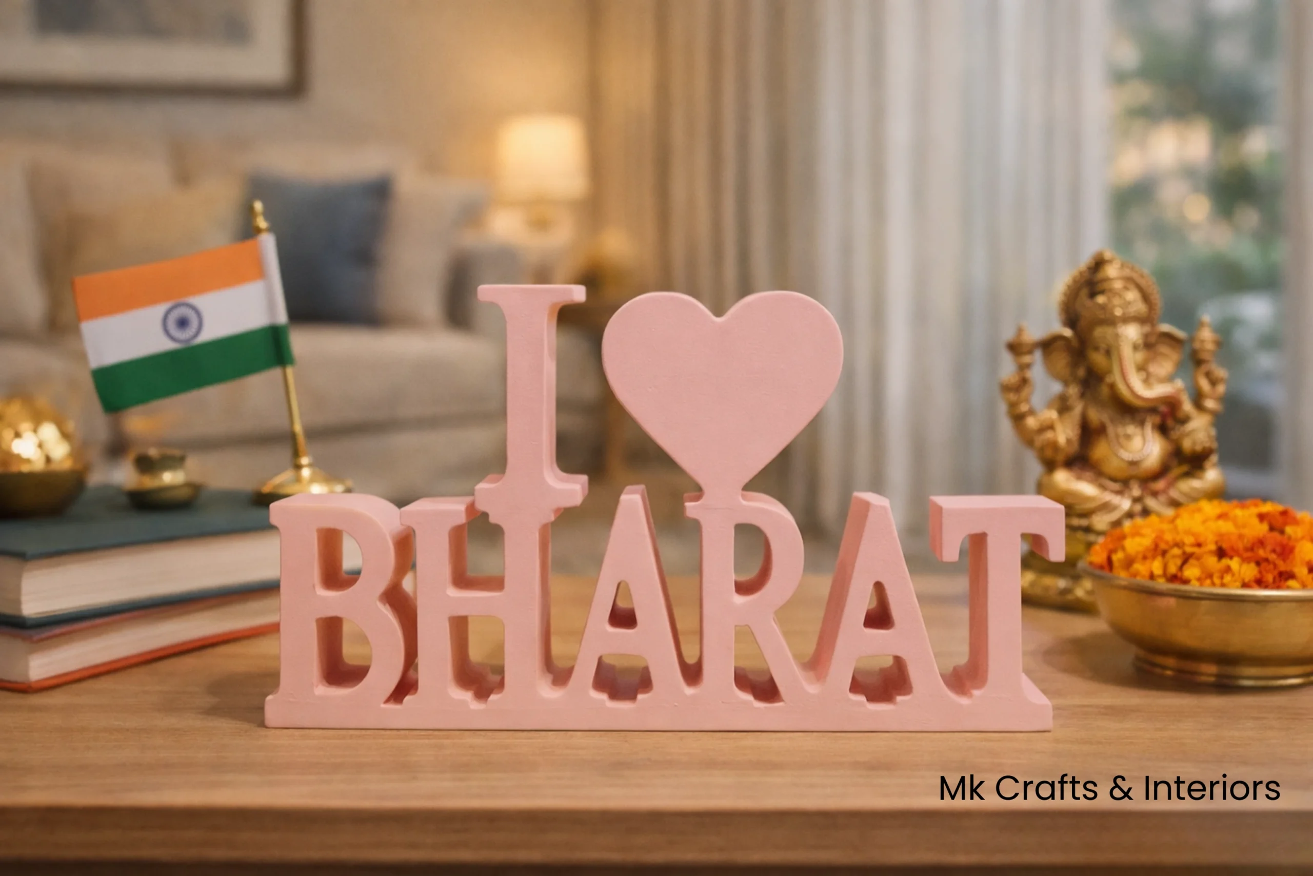 Light pink “I Love Bharat” wooden decorative showpiece by MK Crafts & Interiors Hyderabad displayed on shelf.