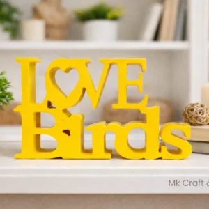Yellow LOVE Birds wooden tabletop décor by MK Crafts & Interiors in Hyderabad – handcrafted romantic gift item.
