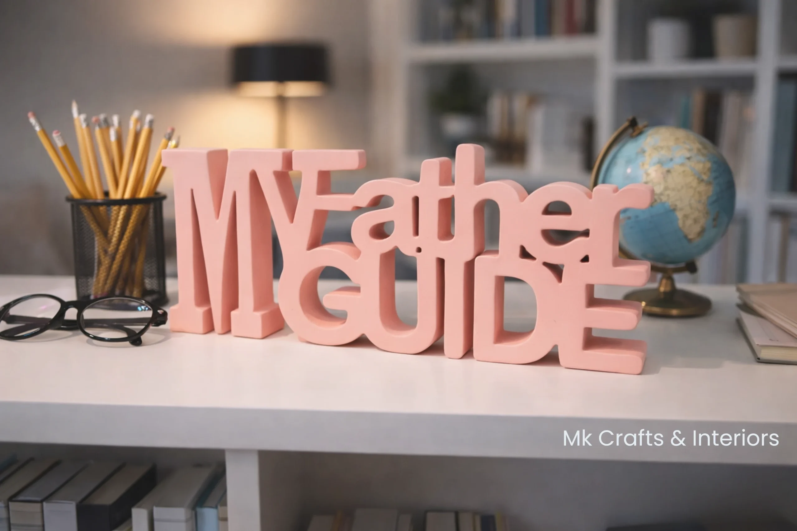 Light peach “My Father My Guide” wooden tabletop showpiece by MK Crafts & Interiors Hyderabad – father appreciation décor gift.