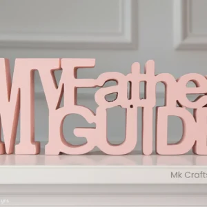 Light pink “My Father My Guide” wooden decorative gift by MK Crafts & Interiors Hyderabad placed on tabletop.