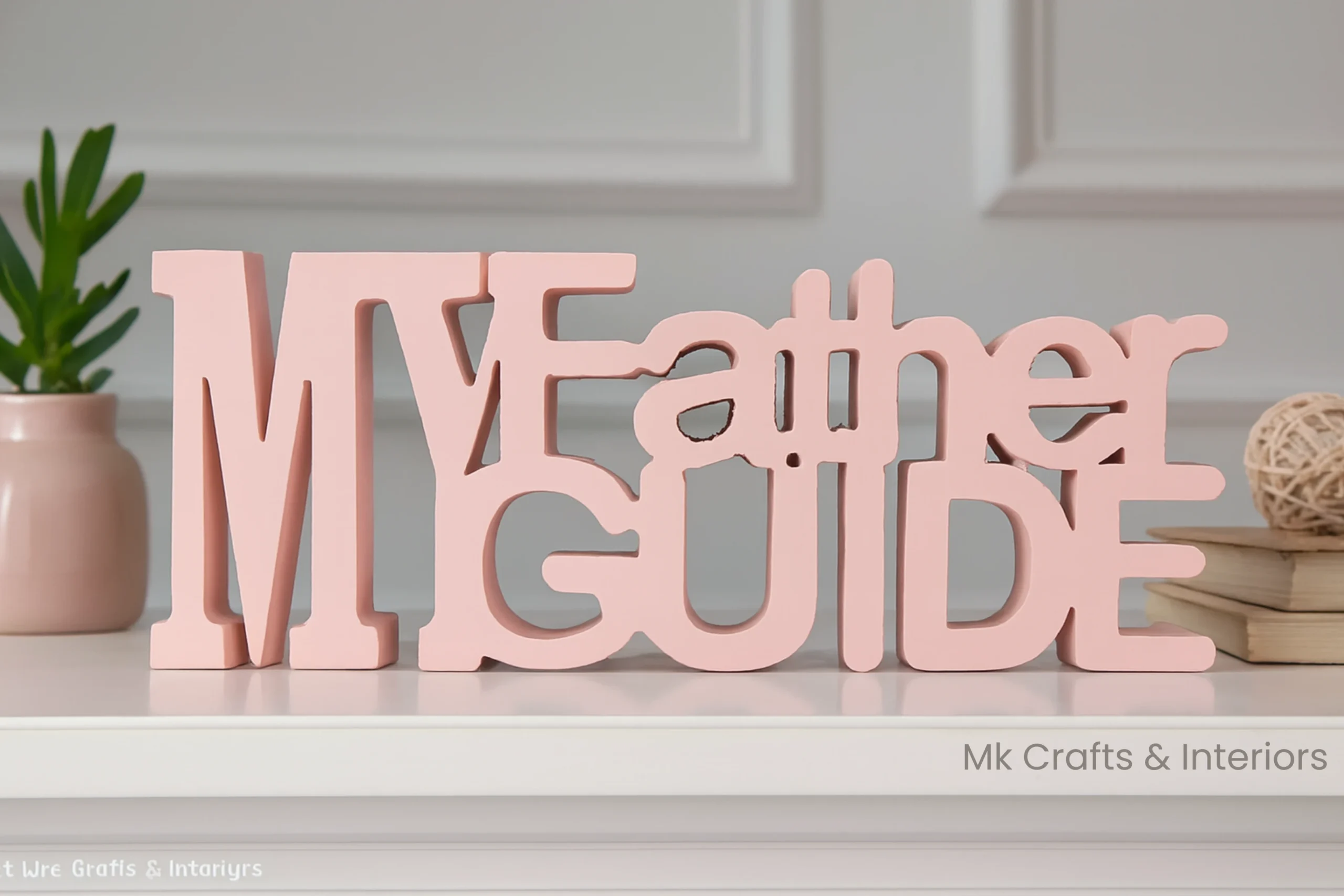 Light pink “My Father My Guide” wooden decorative gift by MK Crafts & Interiors Hyderabad placed on tabletop.