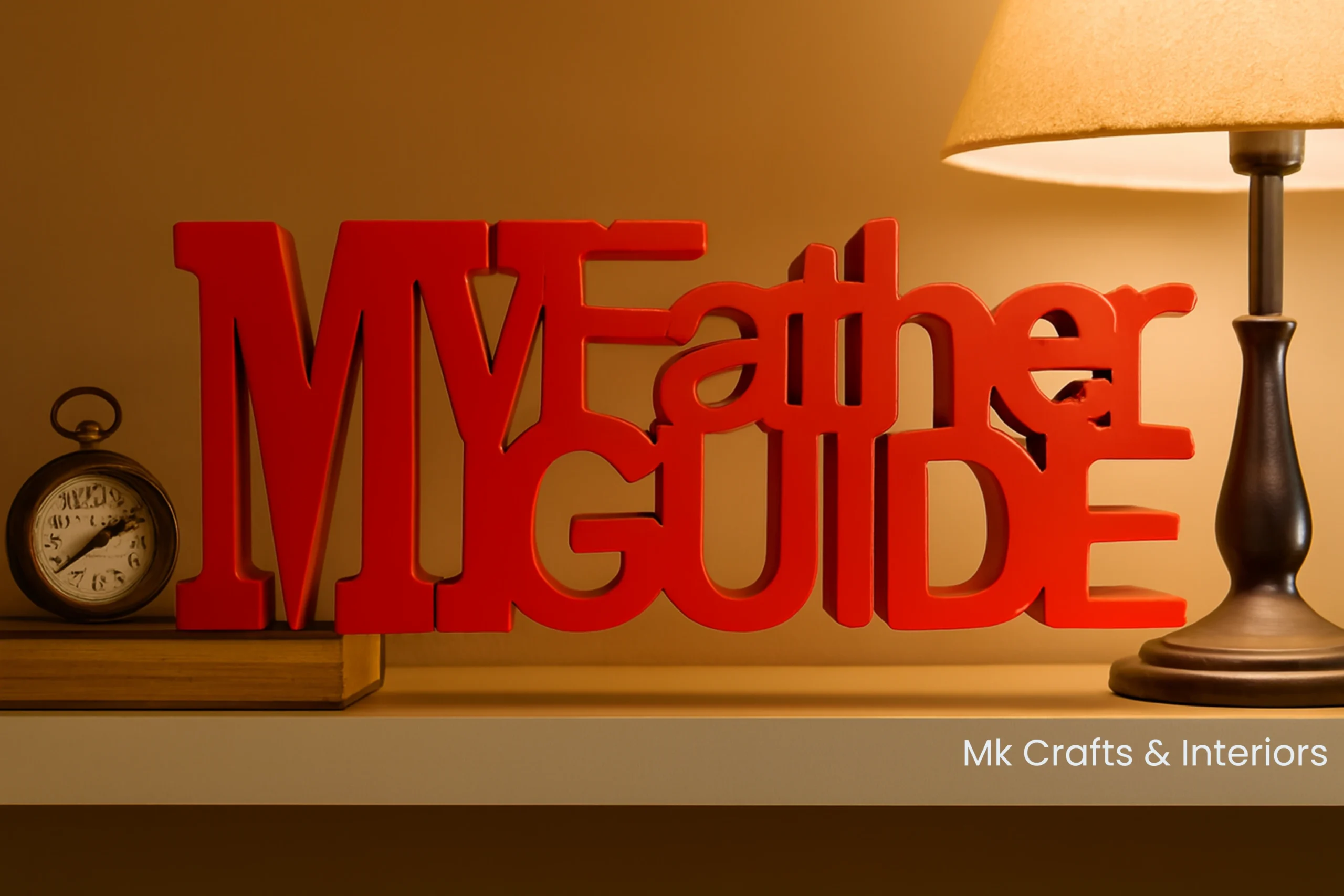 Red “My Father My Guide” wooden showpiece by MK Crafts & Interiors Hyderabad – bold handcrafted father gift décor.