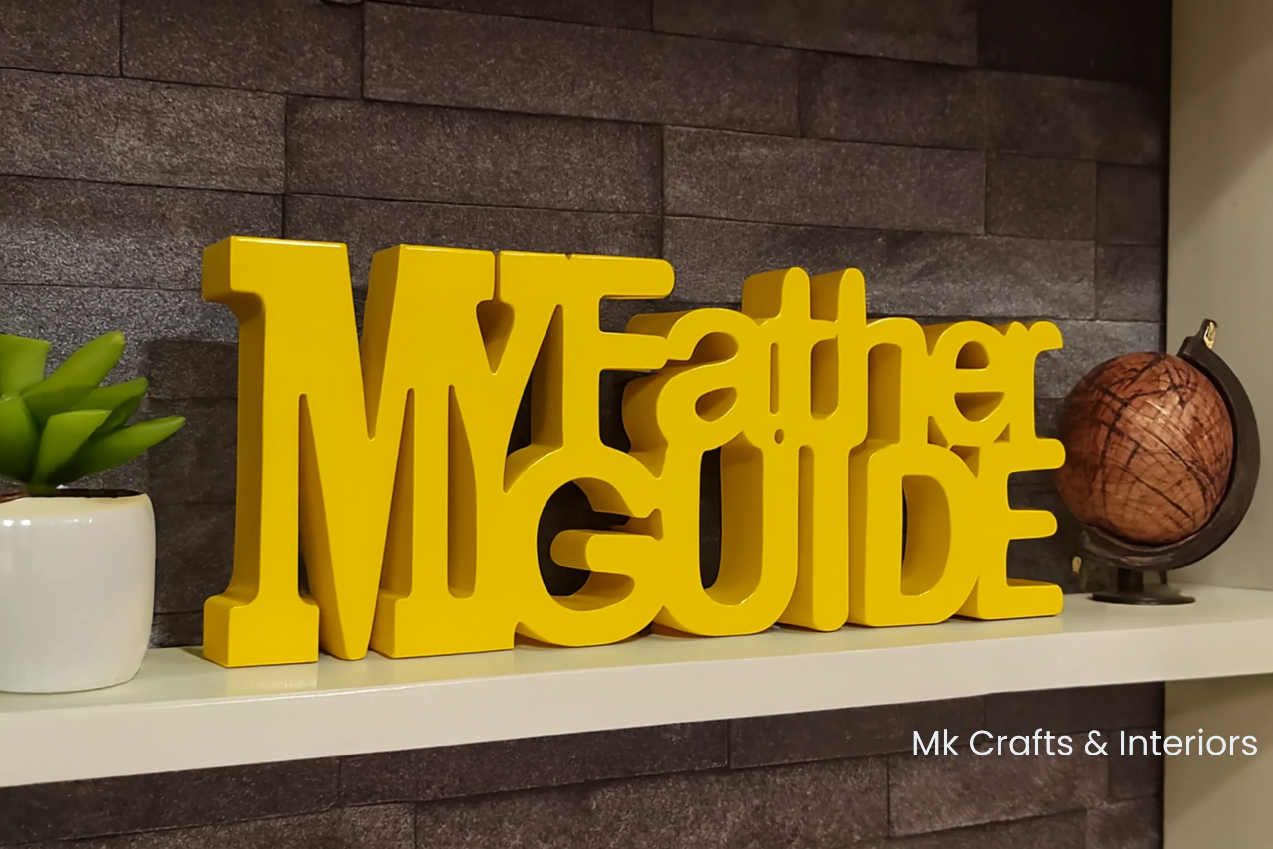 Yellow “My Father My Guide” wooden decorative tabletop gift by MK Crafts & Interiors in Hyderabad.